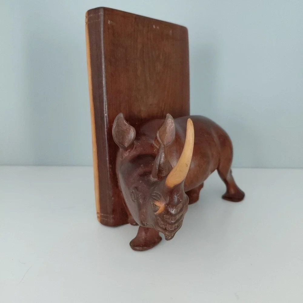 Vintage Hand‎ Carved Natural Wood African RHINO Bookends Heavy Artist Detailed - Picture 9 of 16